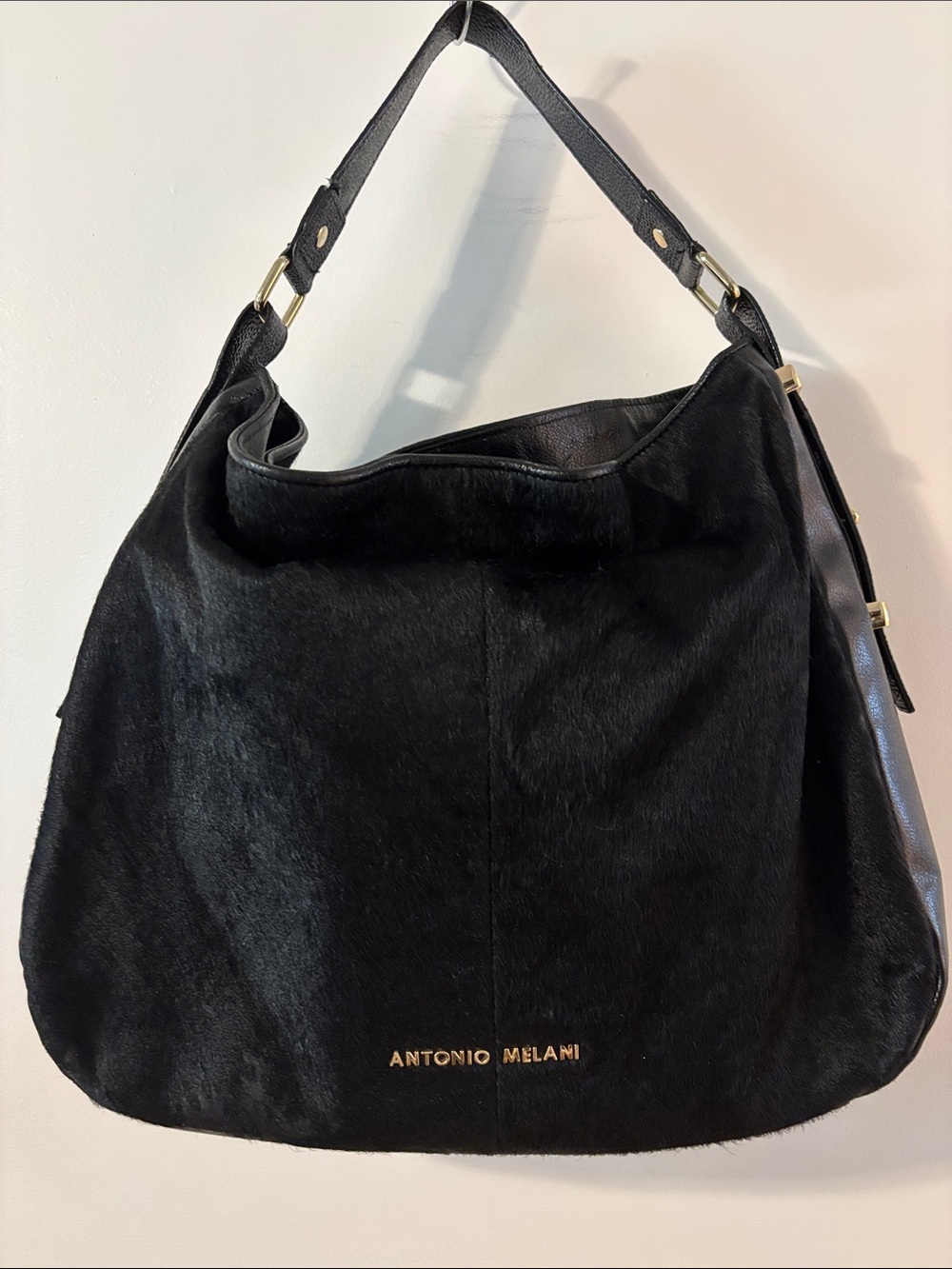 ANTONIO MELANI Black Haircalf Shoulder Hobo with Gold Logo
